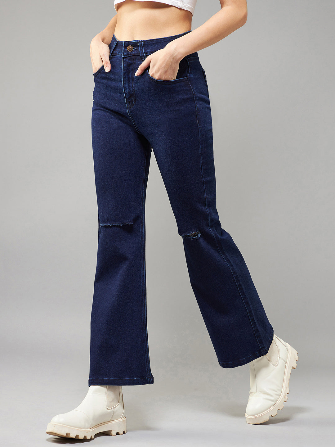 24/7 Comfort Navy-Blue Bell-Bottom Bootcut High-Rise Stretchable Ripped Denim Jeans