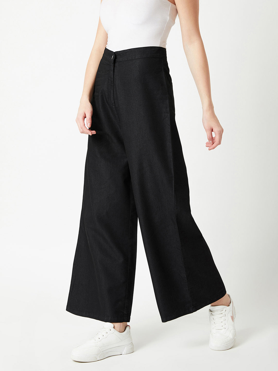 Women's Black Wide-Leg High-Rise Light Weight Clean-Look Regular Length Denim Pants