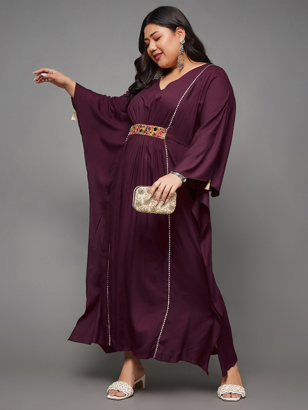 Wine Red Kaftan Dress with Multicoloured Embroidered Belt for Women | Indowestern Collection