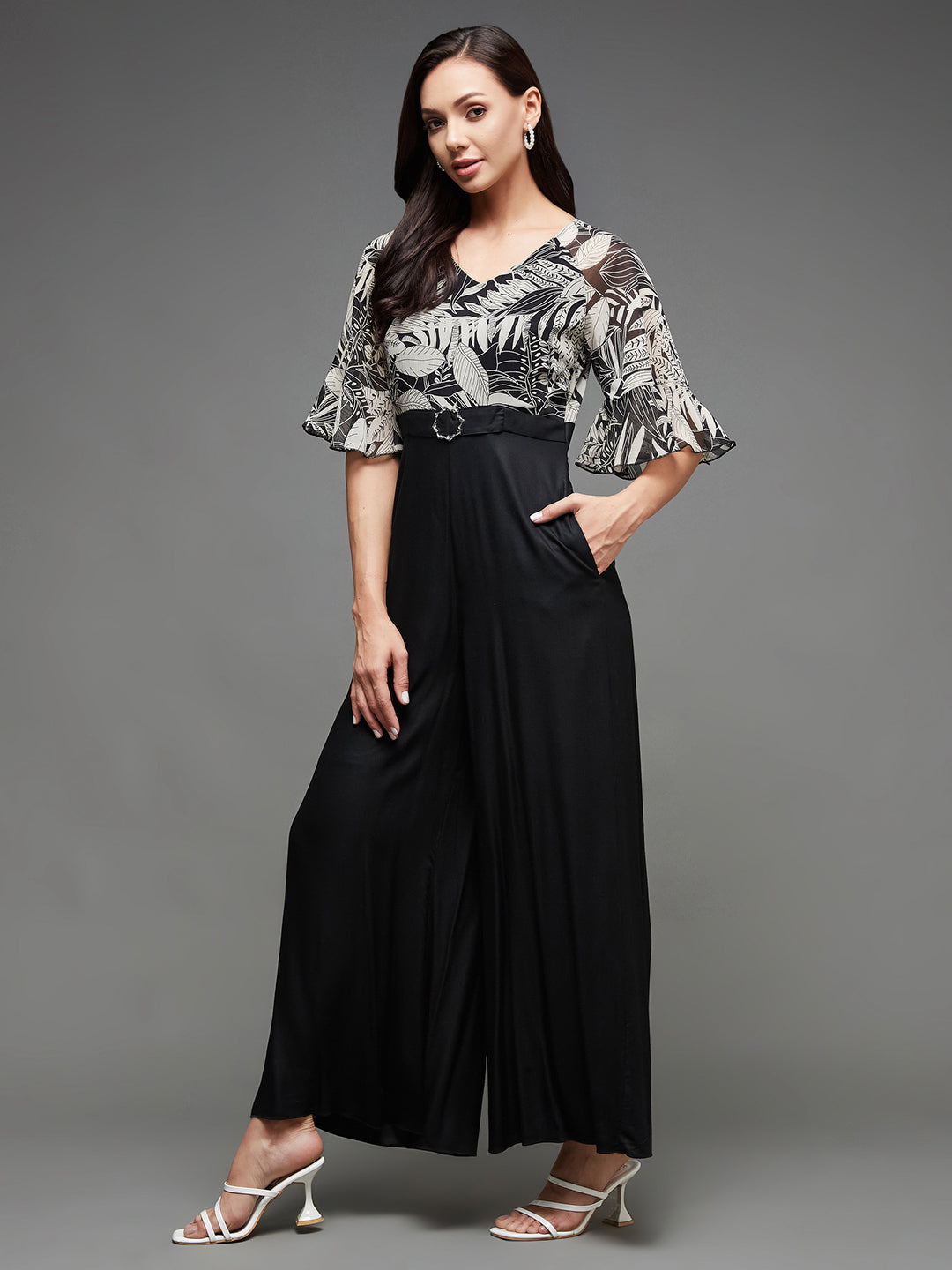 Women's Black V Neck Ruffled Sleeve Wide-Leg Printed Jumpsuit