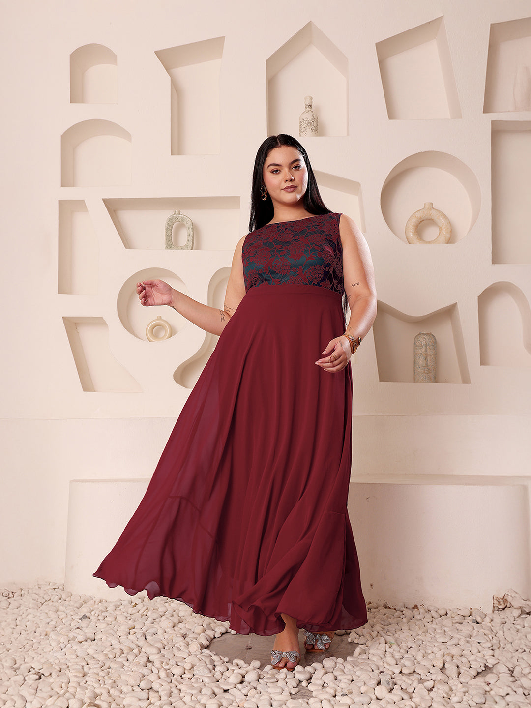 Body Bliss Maroon & Teal Boat Neck Sleeveless Self-Design Lace-Overlaid Maxi Dress