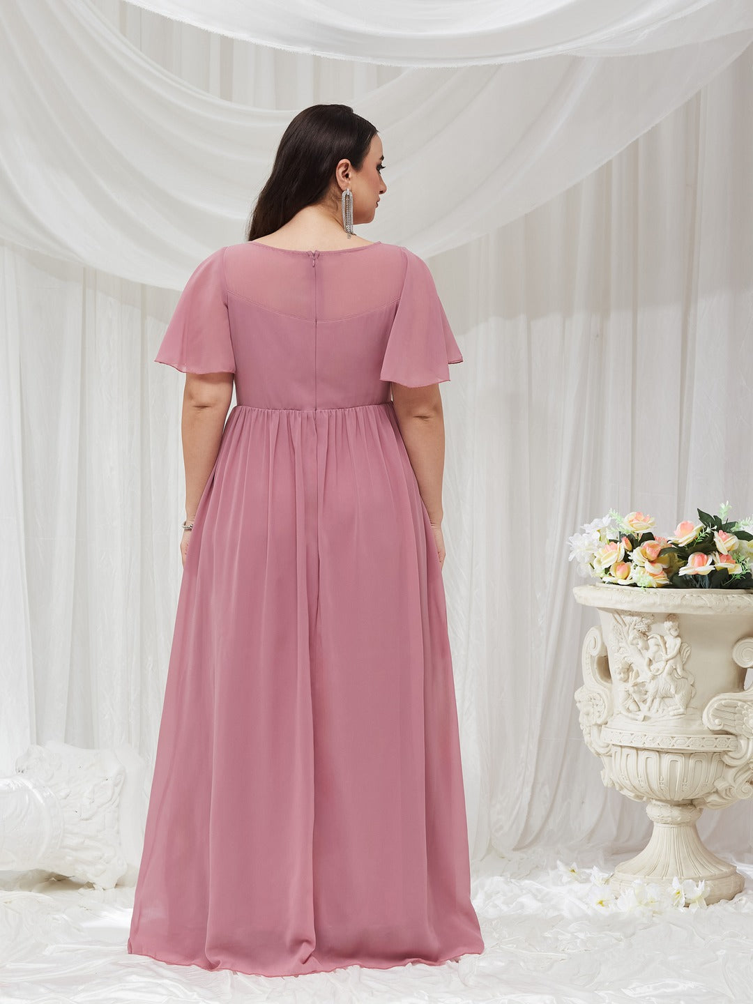 Dusty Lavender Boat Neck Half Sleeve Solid Embellished Georgette Maxi Dress for Women — Miss Chase A+