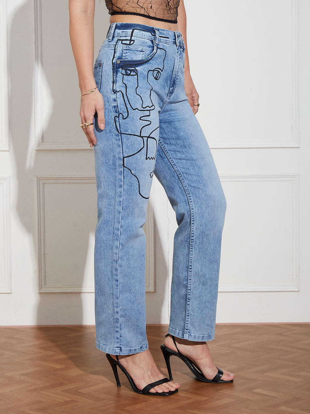Women's Light Blue Mom Fit High Rise Hand Painted Heavy Wash Stretchable Denim Jeans