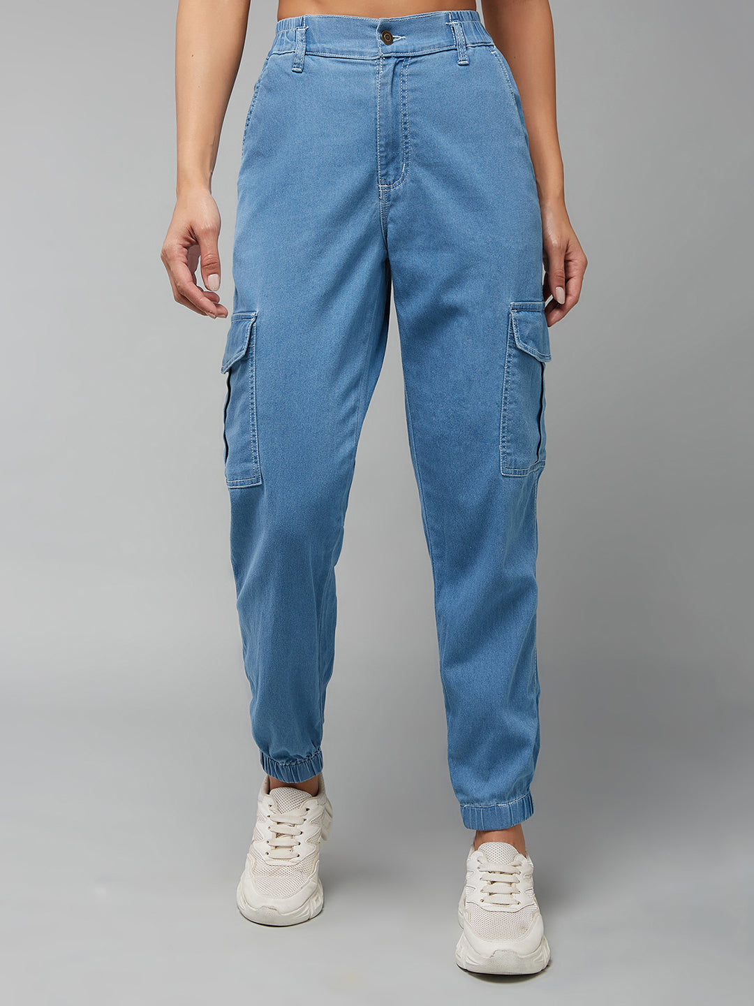 Women's Light Blue Regular High-Rise Clean-Look Light Weight Stretchable Denim Joggers