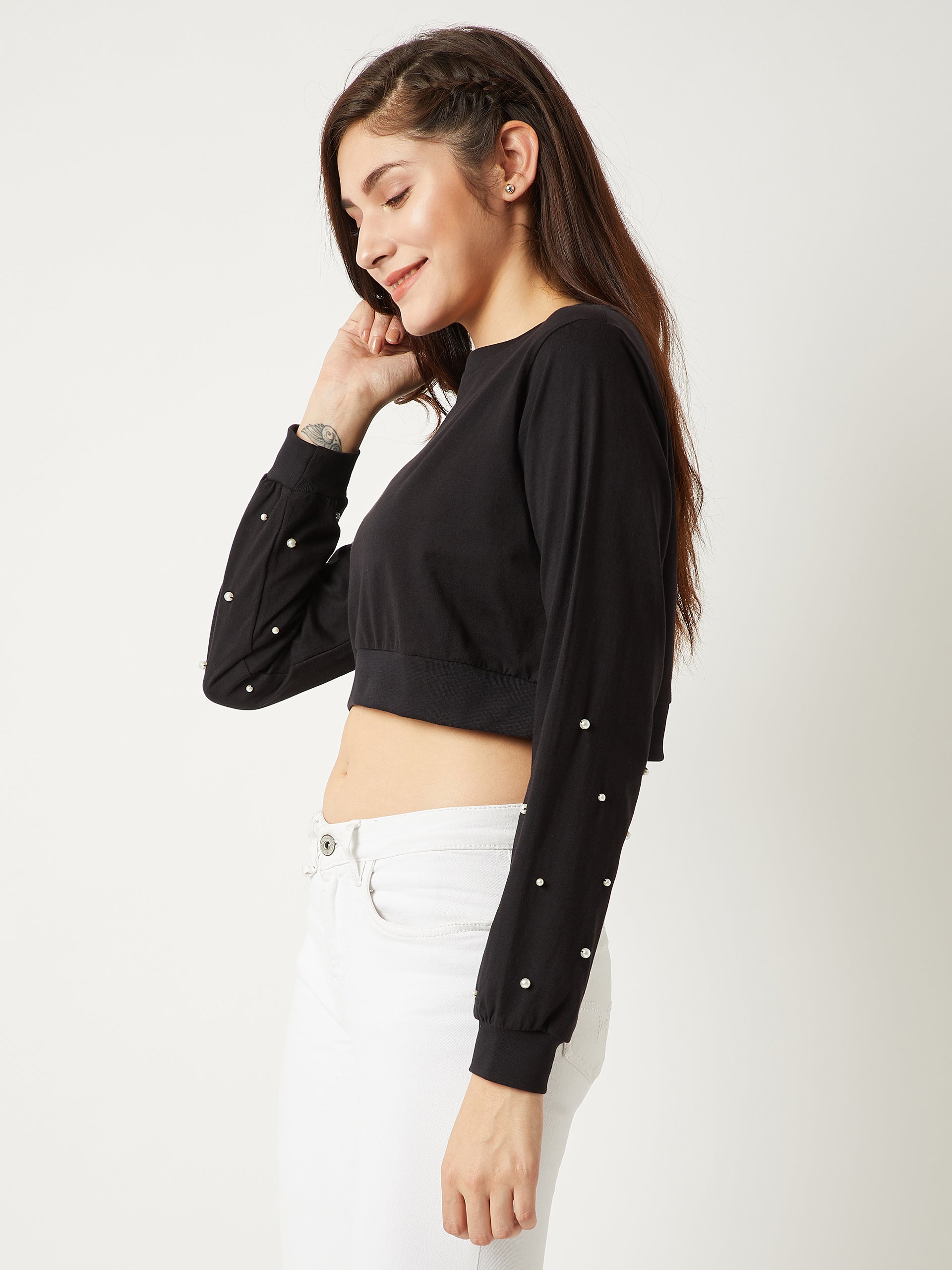 Women's Black Round Neck Full Sleeves Cotton Solid Pearl Detailing Boxy Crop Top