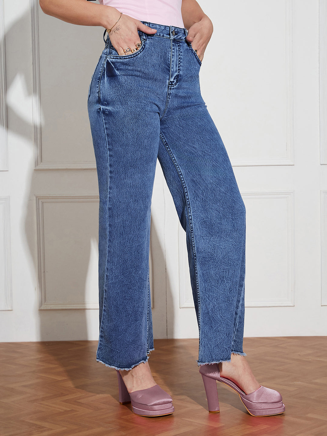 Women's Navy-Blue Wide-Leg High-Rise Clean-Look Stretchable Denim Jeans