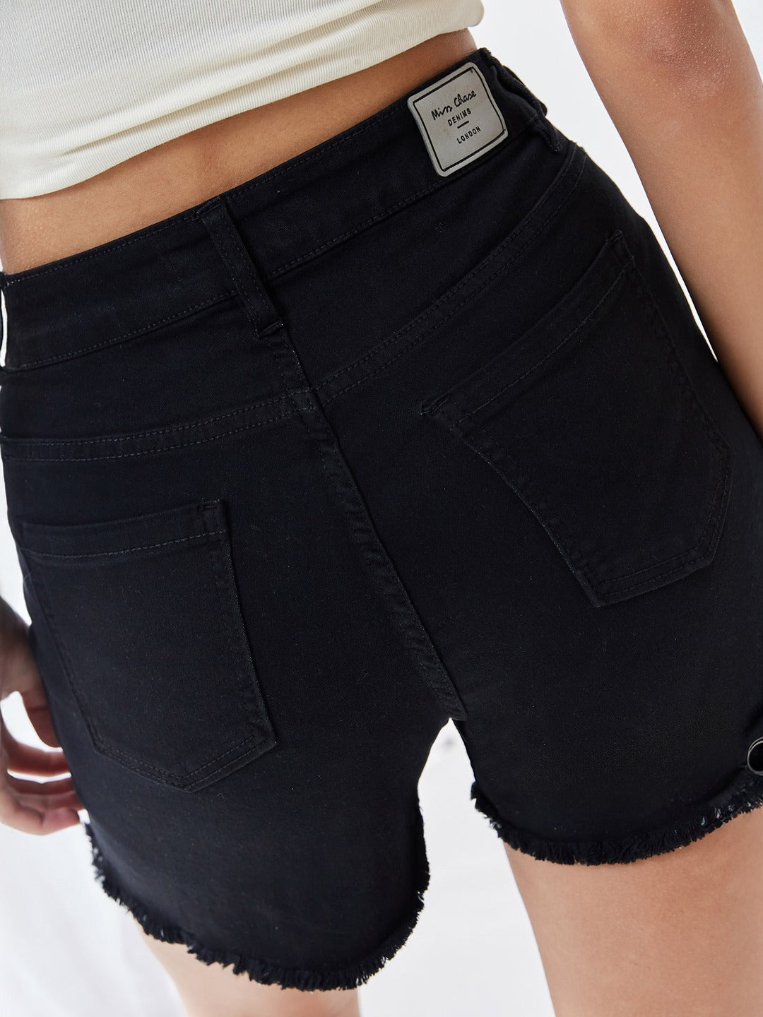 Black Relaxed Fit High Rise Stretchable Denim Shorts for Women
