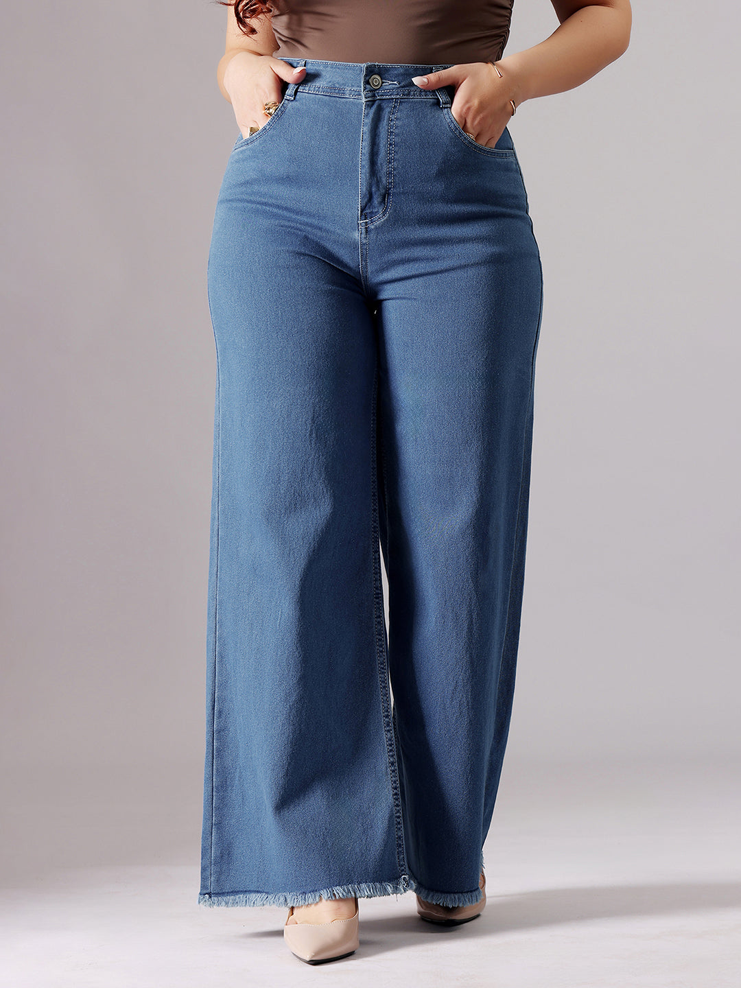 24/7 Comfort Blue Wide-Leg High-Rise Clean-Look Regular-Length Stretchable Denim Jeans