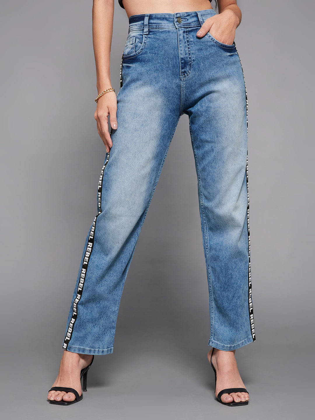 Women's Light Blue Slim High-Rise Blast Effect Twill Tape Detailing Stretchable Denim Jeans