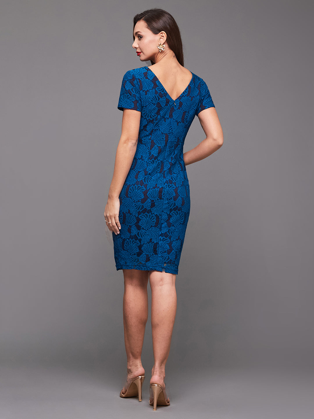 Women's Royal Blue Round Neck Half Sleeve Self Designed Bodycon Knee-Long Lace Dress