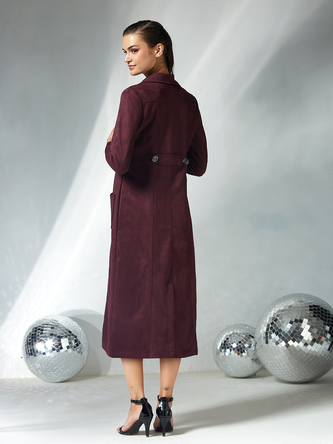 Women's Wine Solid V-Neck Full Sleeves Patched Pocketed Polyester Button Down Longline Winter Wear Jacket