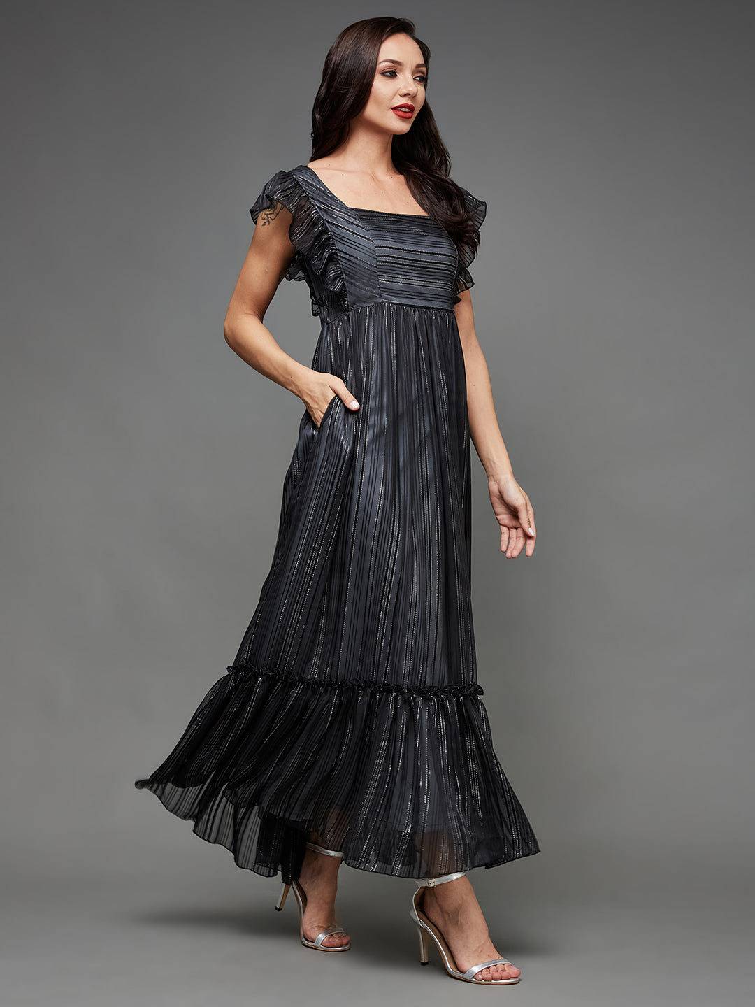 Black Ruffled Sleeves Shimmery Maxi Dress Long Dress Frock