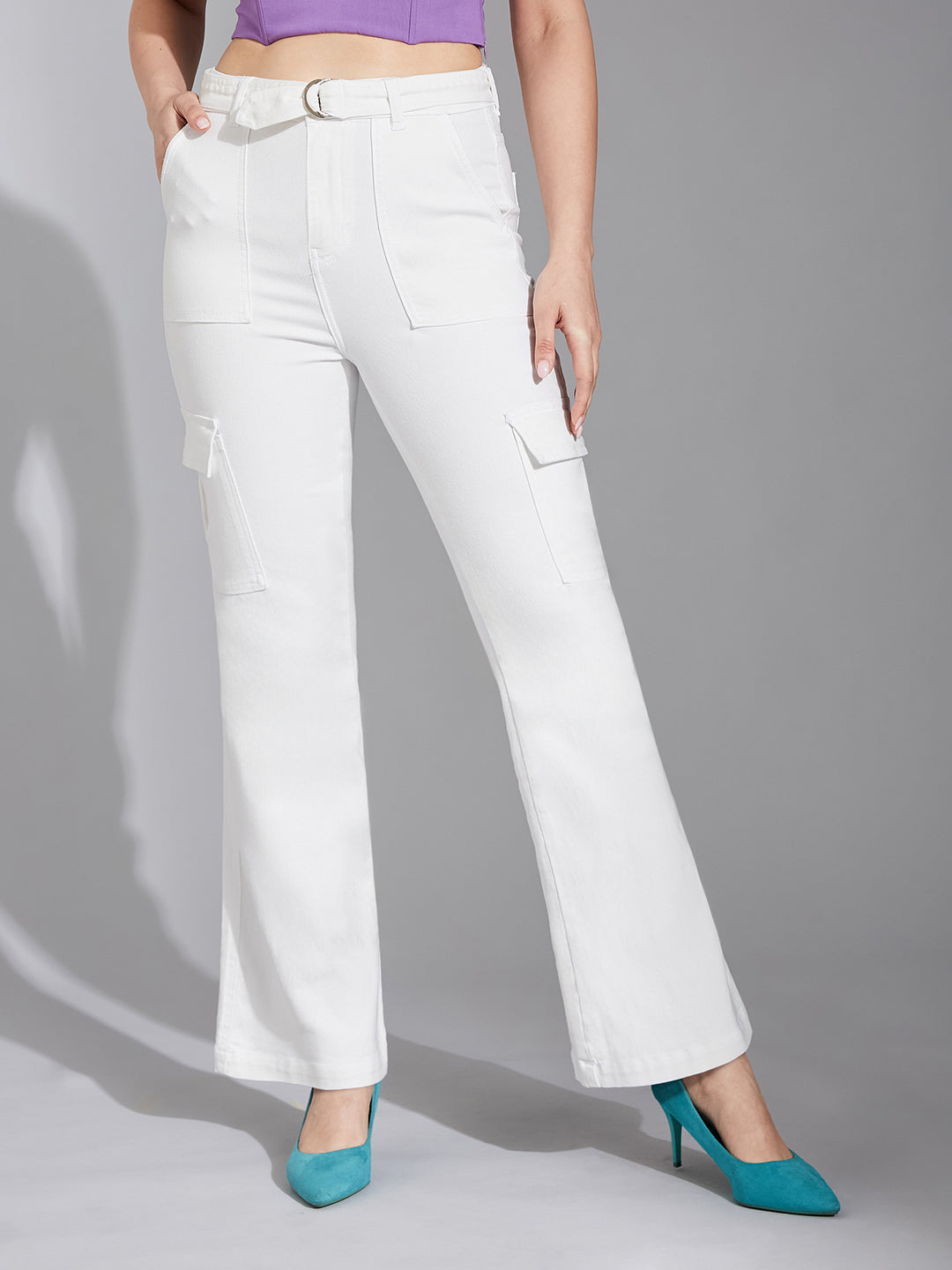 Women's White Wide-Leg High-Rise Clean-Look Regular Stretchable Denim Jeans