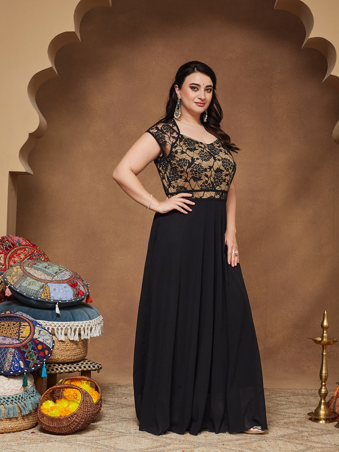 Black Floral V - Neck Cap Short Sleeves Lace Overlaid Fit & Flare Paneled Maxi Dress for Women