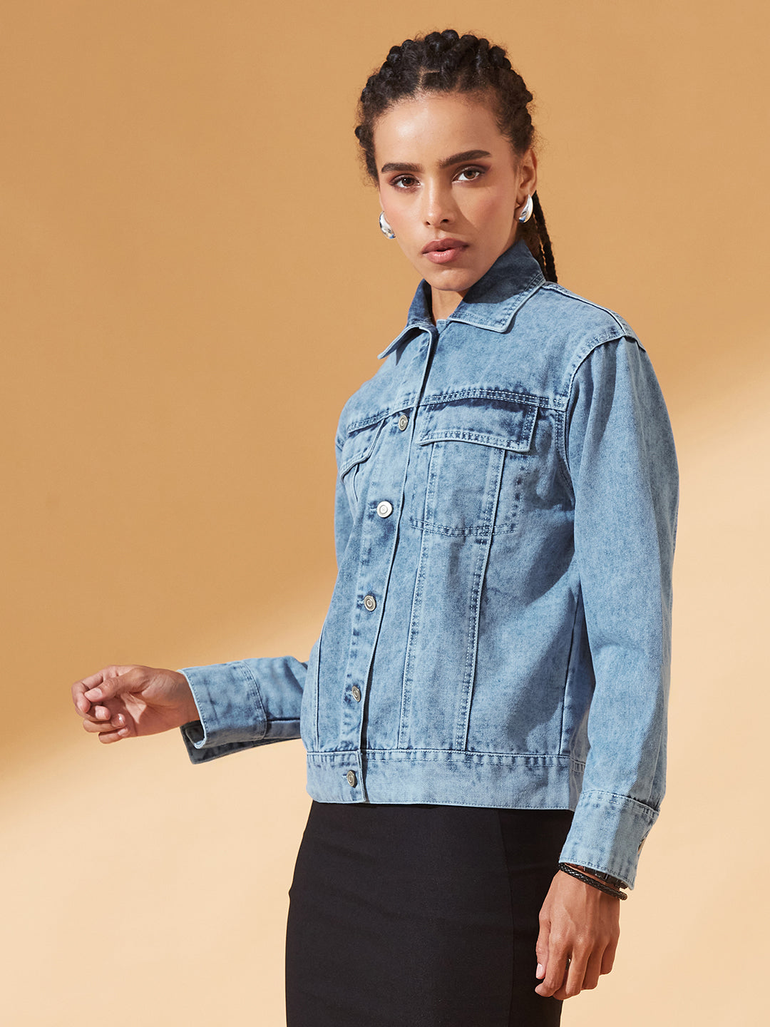 Light-Blue Collared Full Sleeve Solid Classic Denim Jacket for Women