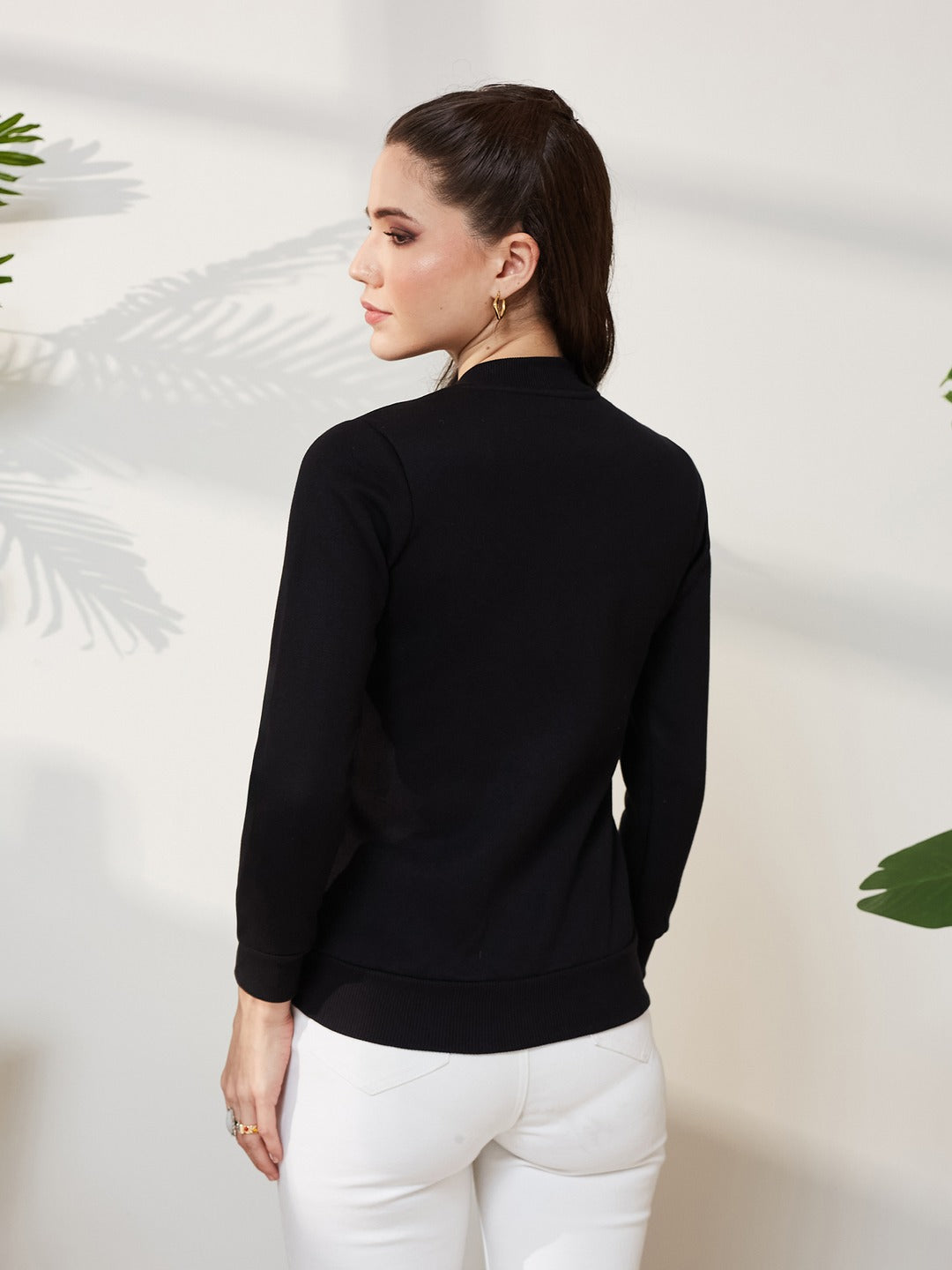 Black Round Neck Full Sleeve Cotton Solid Multicolored Twill Tape Detailing Bomber Jacket for Women