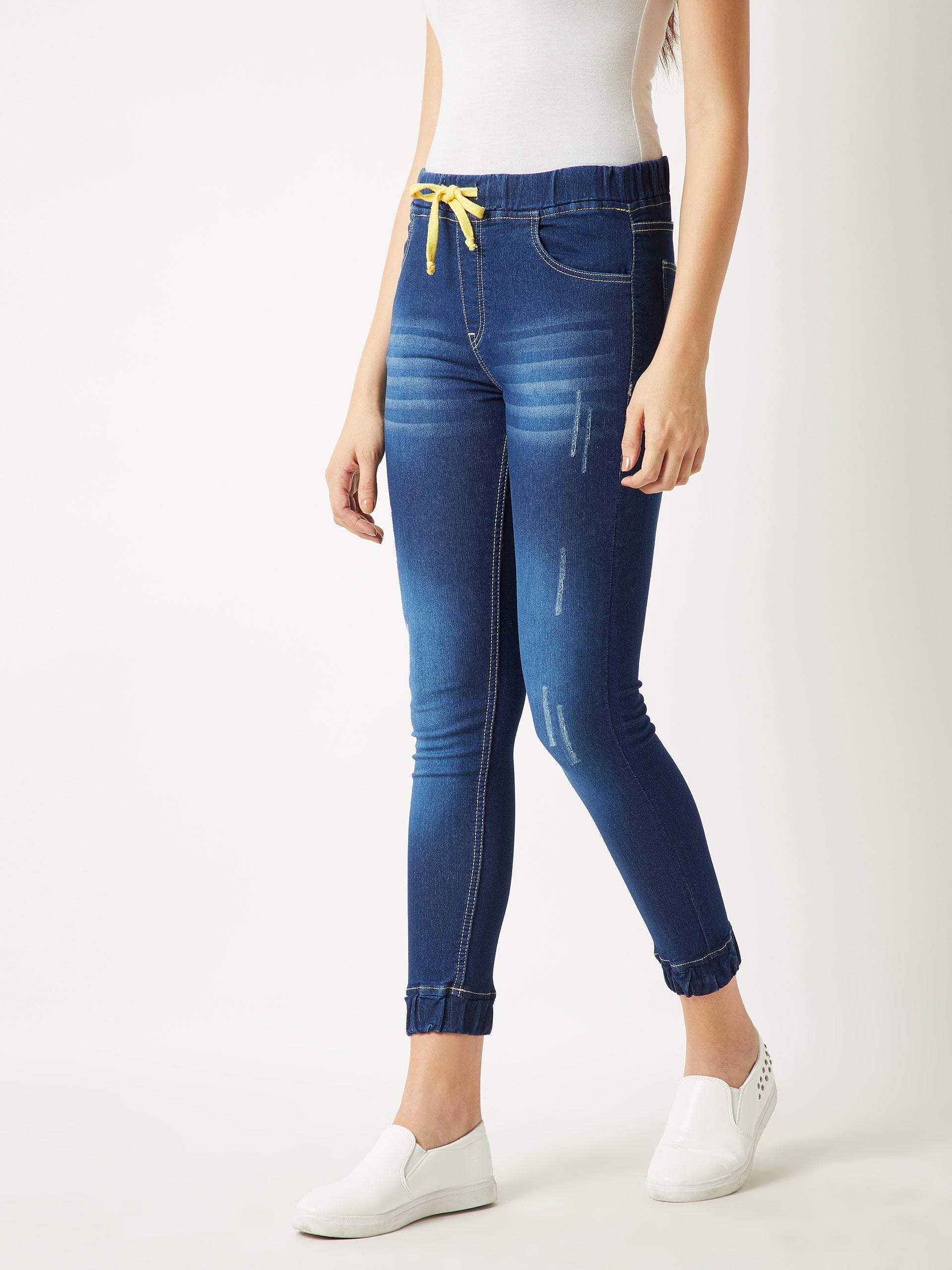Women's Navy Blue Relaxed Fit Mid Rise Clean-Look Scraping Detail Ankle Length Denim Joggers