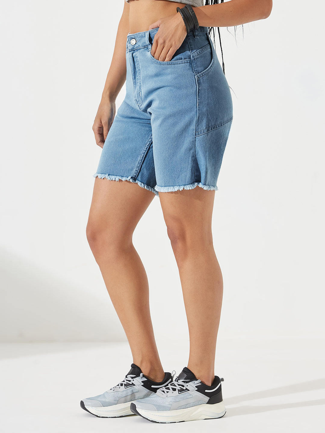 Light Blue High-Rise Above-Knee Stretchable Denim Shorts for Women