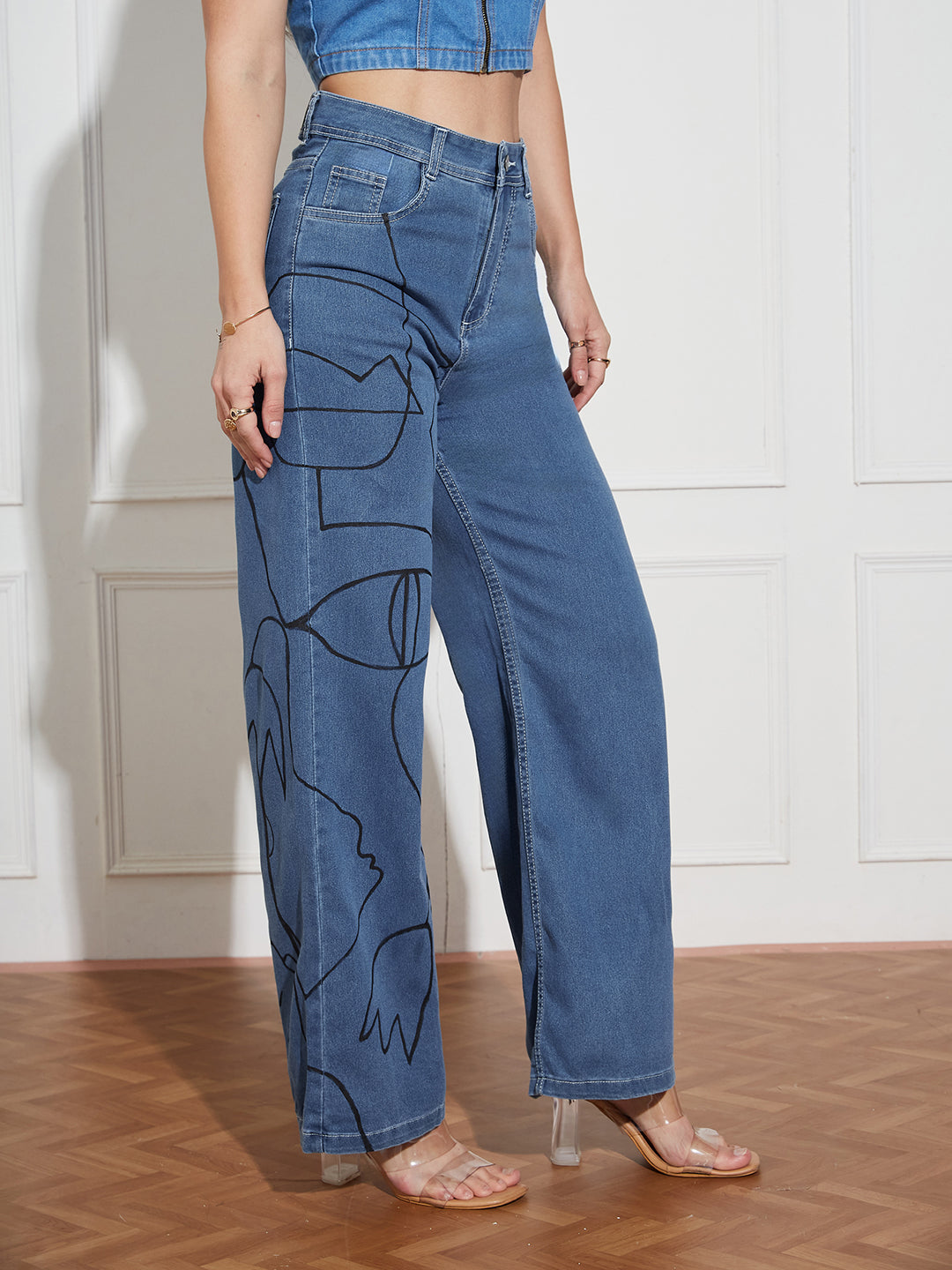 Women's Blue Wide Leg High Rise Hand Painted Clean Look Stretchable Denim Jeans