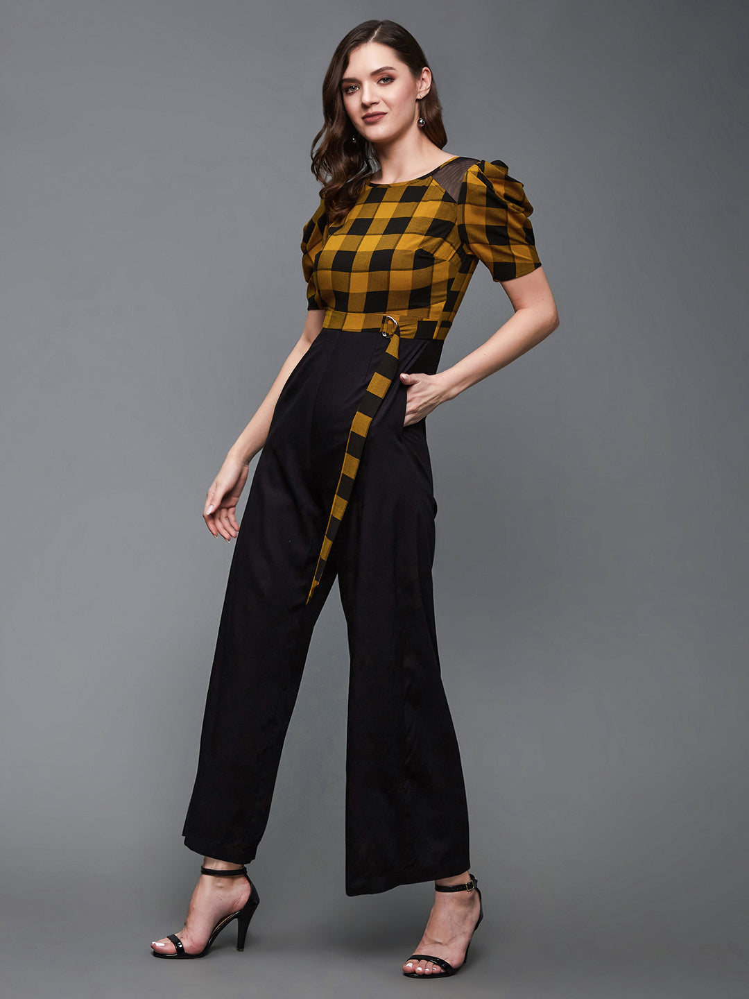 Women's Black & Mustard Round Neck Cowl Sleeve Checkered Wide-leg Viscose-Rayon Regular Length Jumpsuit