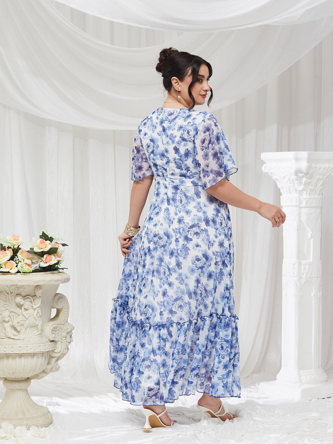 Floral Wrap Chiffon Maxi Dress with White Base & Flutter Sleeves for Women — Miss Chase A+