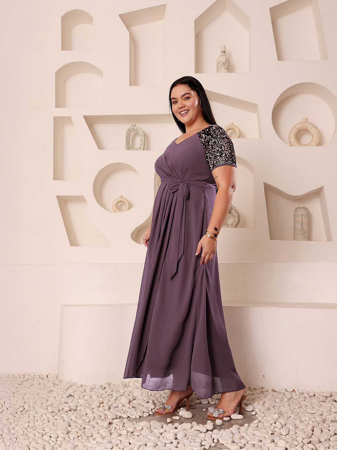 Mauve Half Sleeves Sequinned Fit and Flare Maxi Dress Long Dress Frock for Women