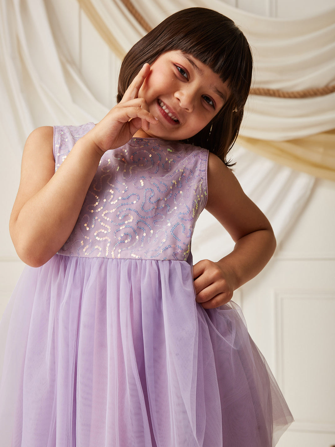 Lavender Round-Neck Sleeveless Embellished Fit & Flare Polyester Knee-Long Dress