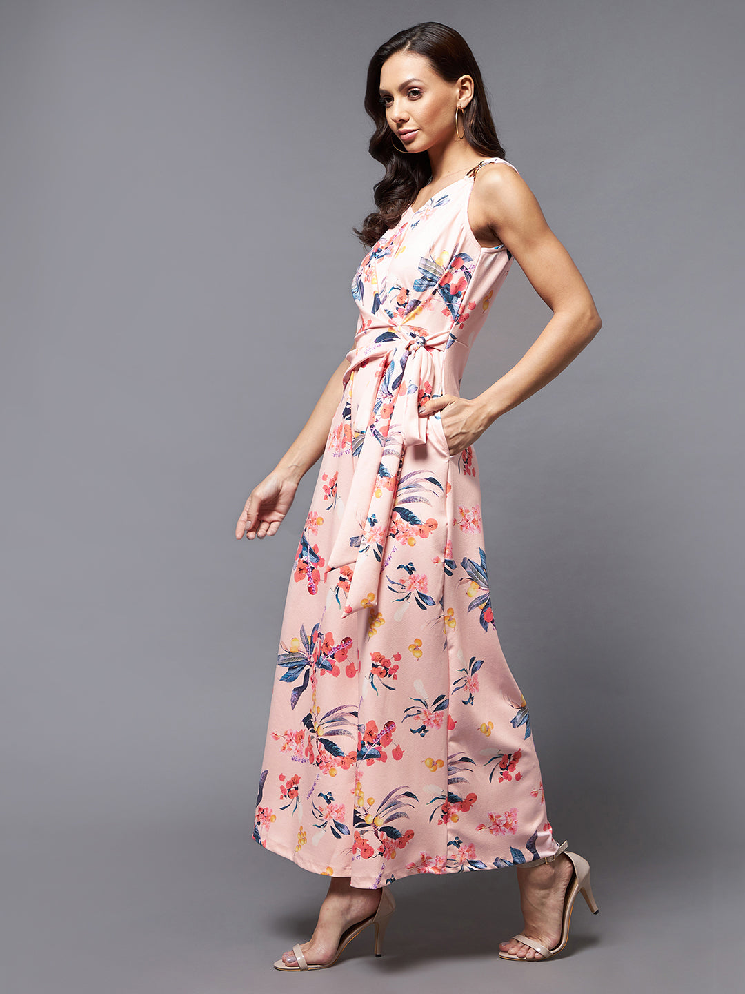 Crease Ease Multicolored-Base-Peach V-Neck Sleeveless Floral Wrap/Wide-Leg Regular Jumpsuit for Women