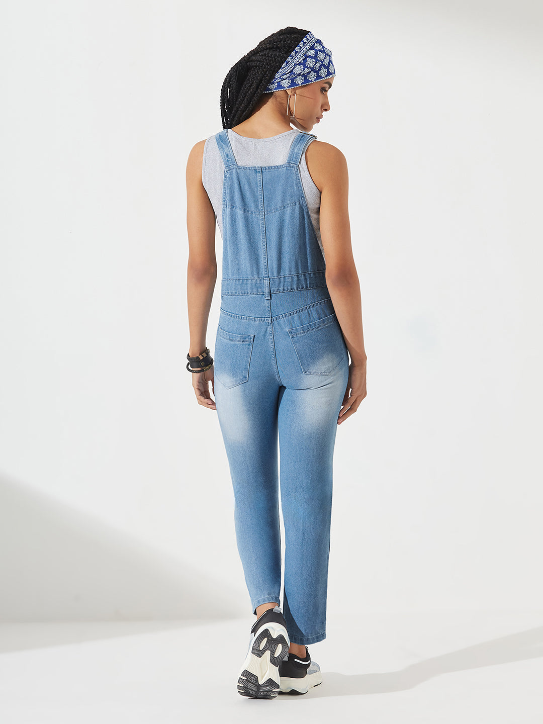 Light-Blue Regular Fit Mid-Rise Ripped Denim Dungaree for Women