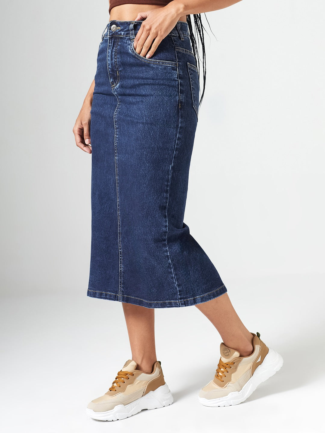 CHASEshape™ Dark Blue High-Rise Stretchable Denim Midi Skirt with Back Slit for Women