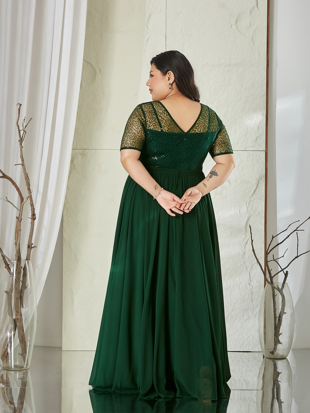 Dark Green Relaxed Fit Maxi Georgette & Sequins Dress for Women