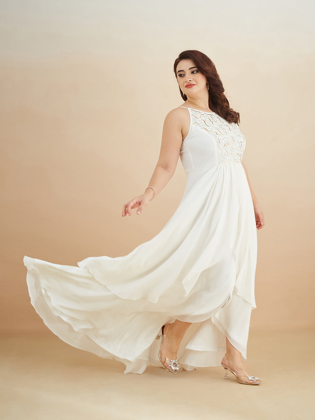 Off White Round Neck Sleeveless Solid Embellished Maxi Dress for Women — Miss Chase A+