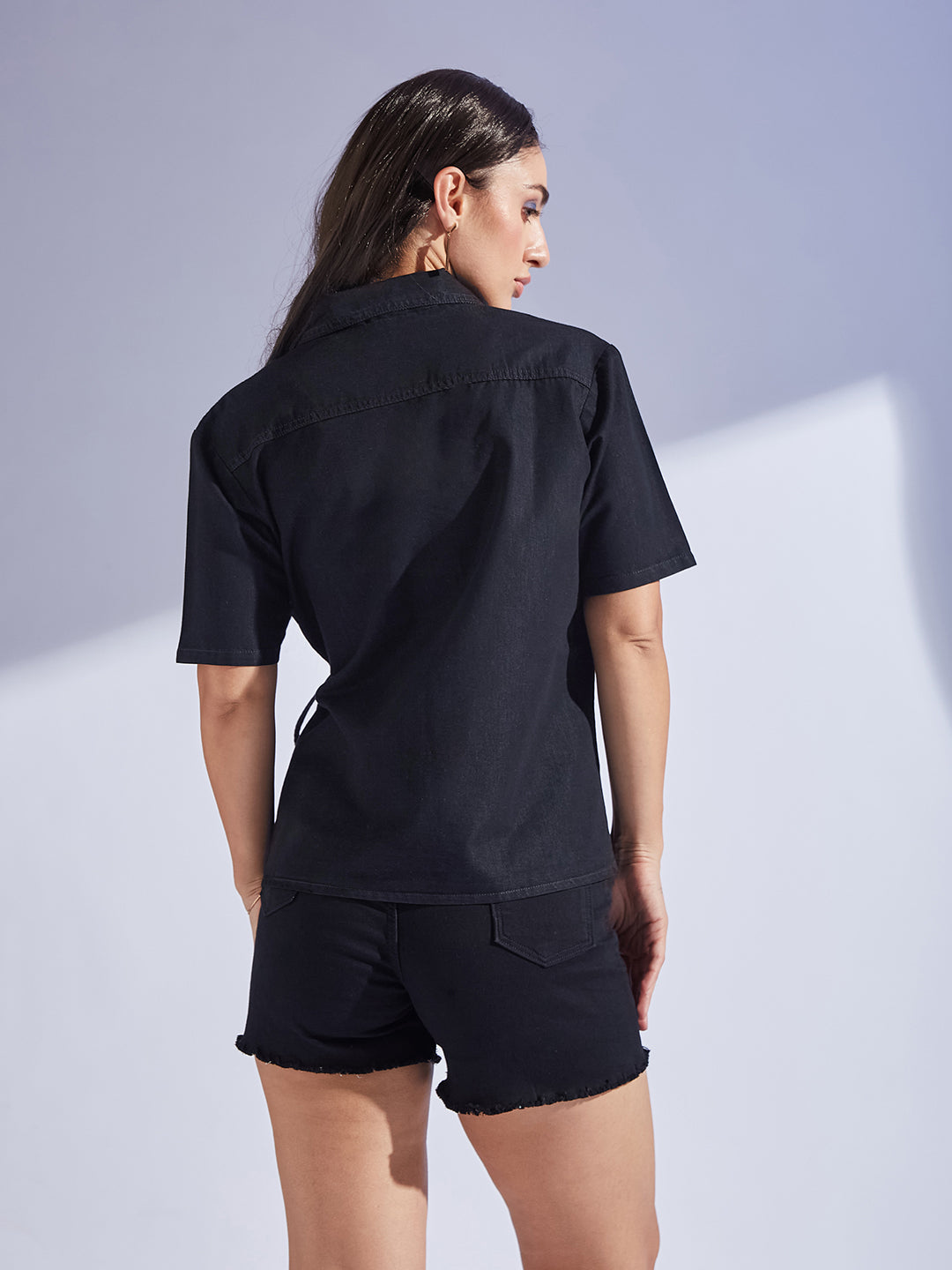 Women's Black Shirt Collar Short Sleeve Tie Up Solid Regular-Length Denim Shirt