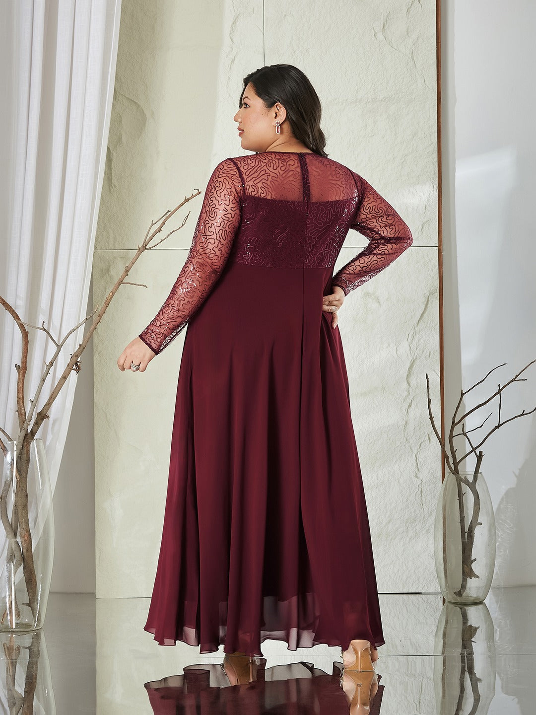 Wine Solid Embellished Maxi Dress for Women