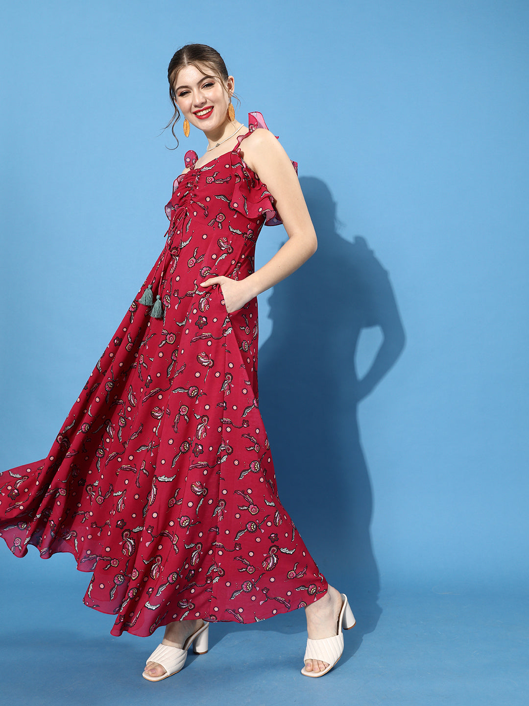 Women's Multicolored-Base-Dark Pink Sweetheart Ruffled Floral Ruching Maxi Dress