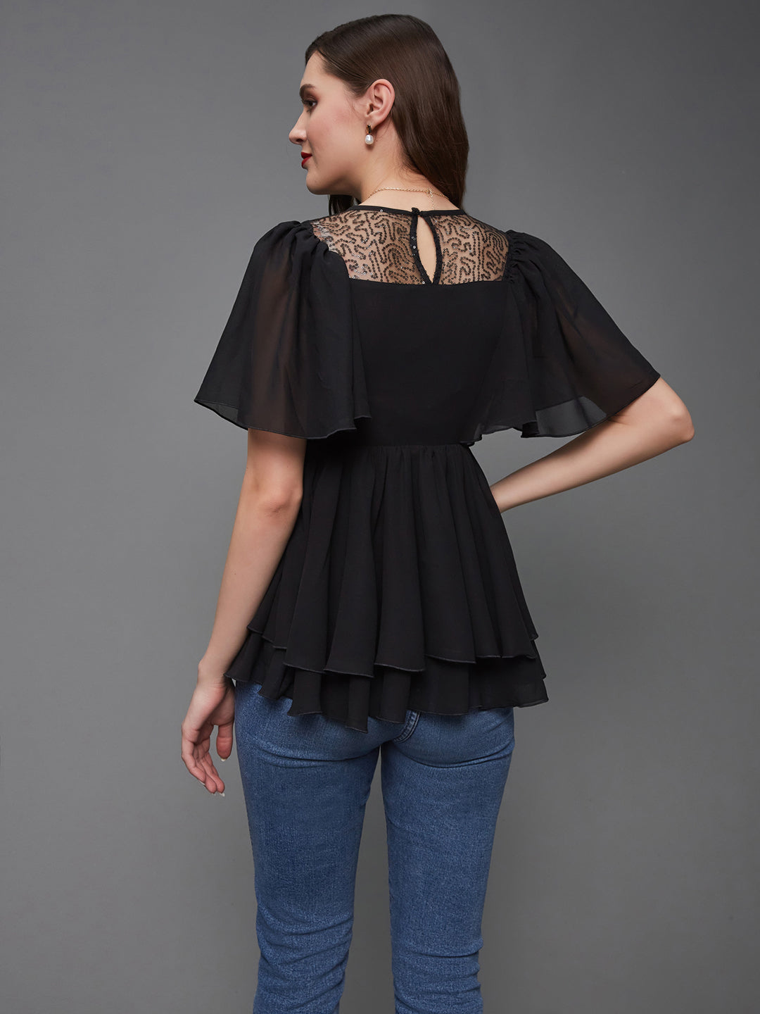 Women's Black Embellished Round Neck Flared Sleeves Georgette Layered Regular Length Top