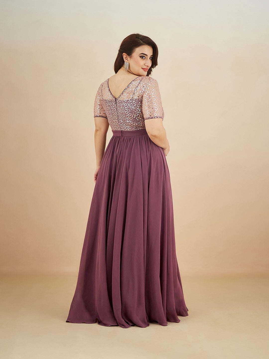 Mauve Relaxed Fit Maxi Georgette & Sequins Dress for Women