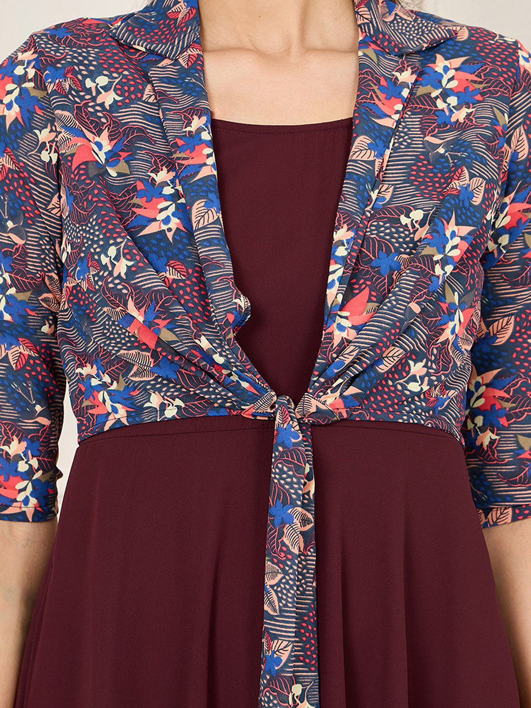 Women's Multicolored-Base-Wine Floral Notched Collar 3/4 Sleeve Georgette Jacket Style Maxi Dress