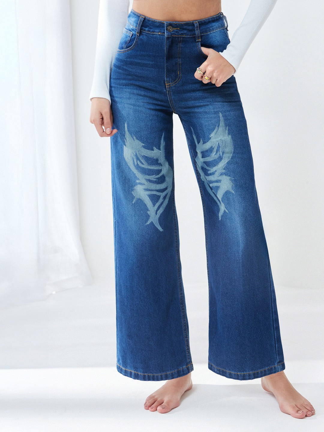 Navy Blue High-Rise Wide-Leg Flared Non-Stretch Jeans with Hand-Painted Art for Women