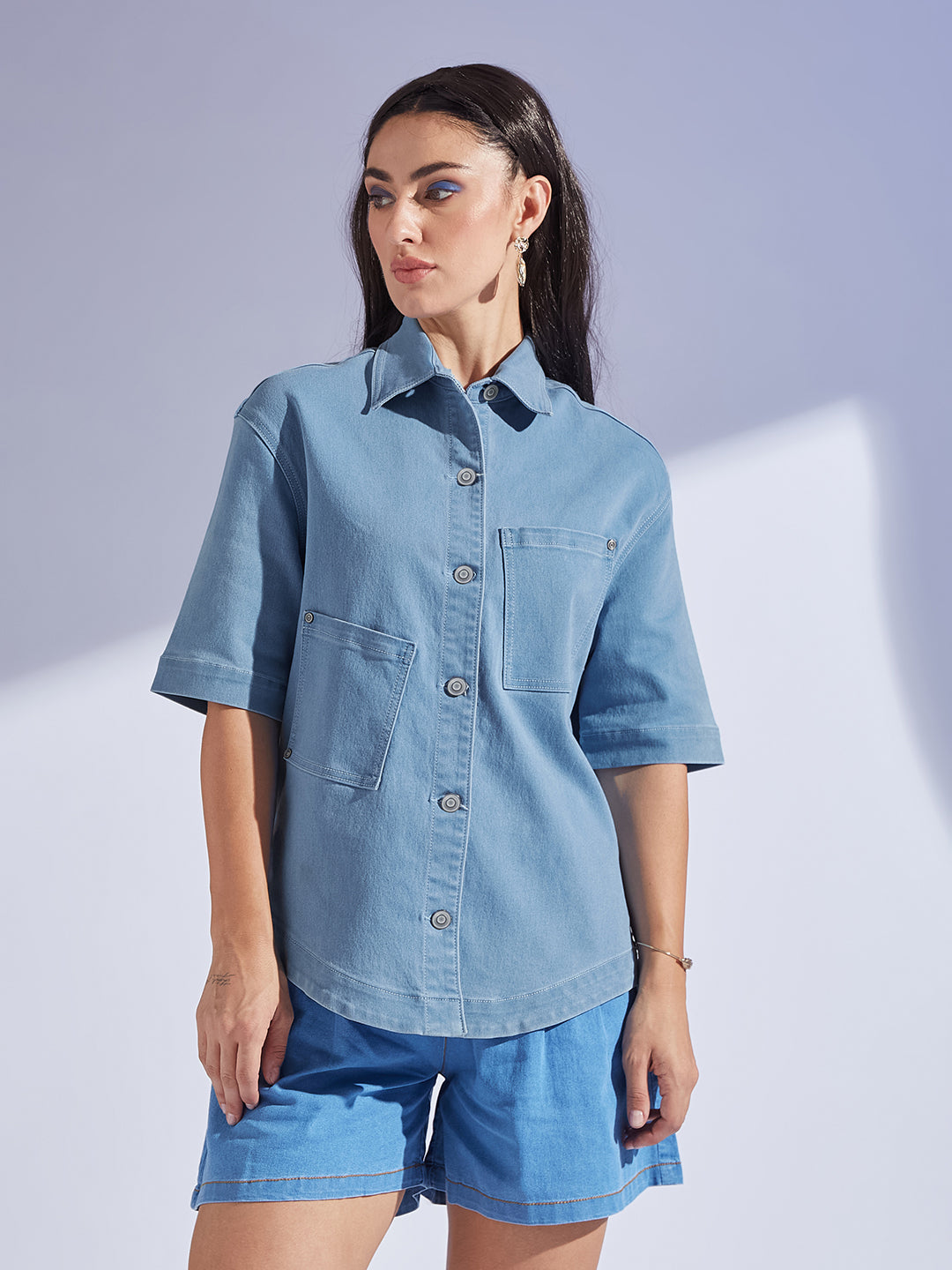 Women's Light Blue Shirt Collar Half Sleeve Asymmetrical Panelled Regular-Length Denim Shirt