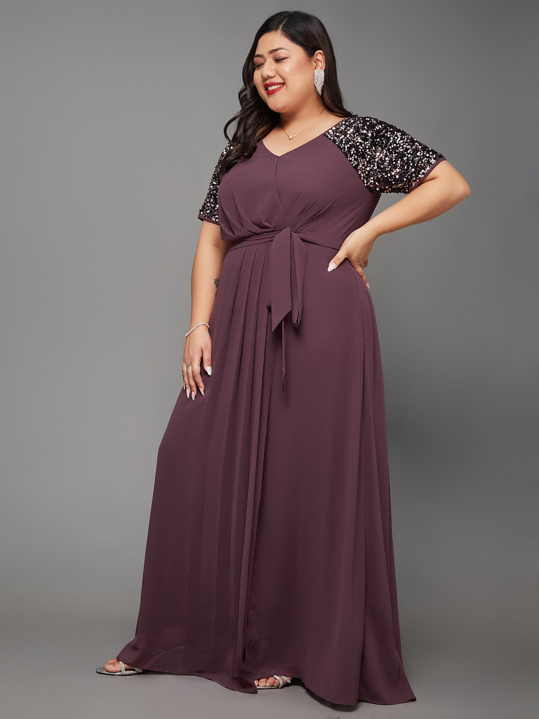 Body Bliss Mauve Relaxed Fit Maxi Georgette Party Sequin Dress