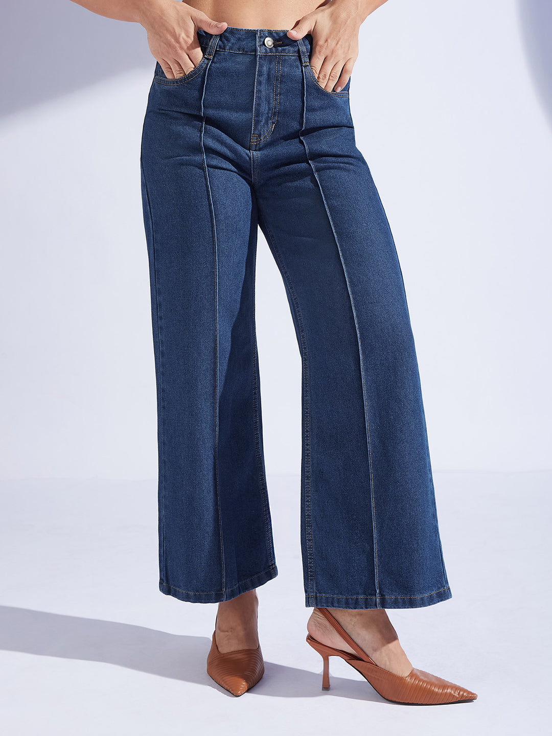 Women's Navy Blue Wide-Leg High-Rise Clean-Look Regular-Length Non-stretchable Denim Jeans