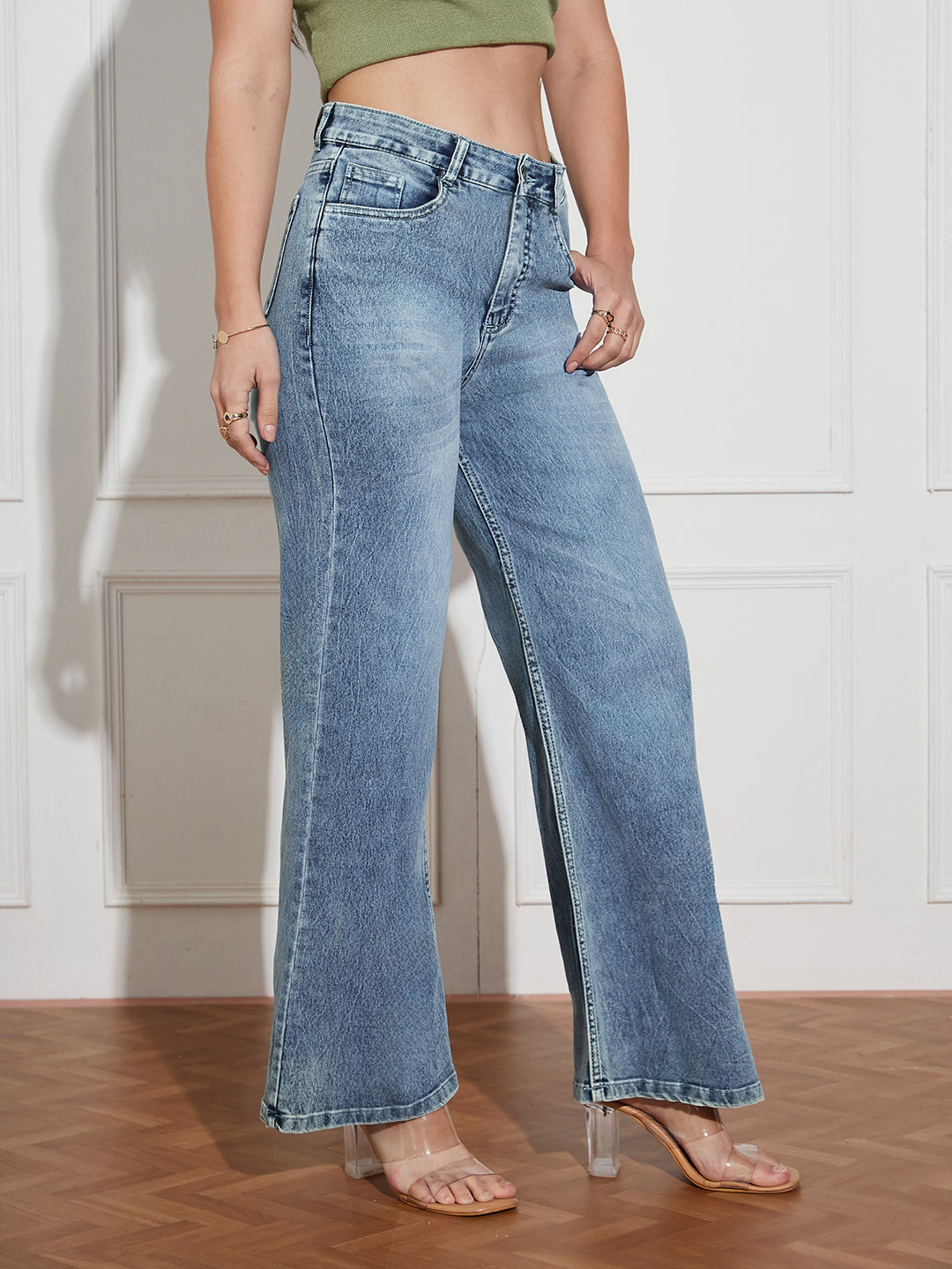 Women's Light Blue High Rise Clean Look Regular-Length Stretchable Denim Wide Leg Shaping Jeans