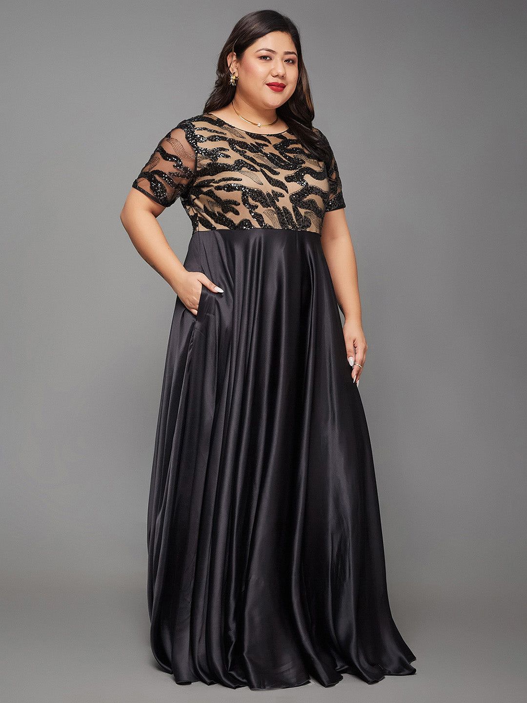 Body Bliss Black Abstract Fit & Flare Satin Maxi Dress