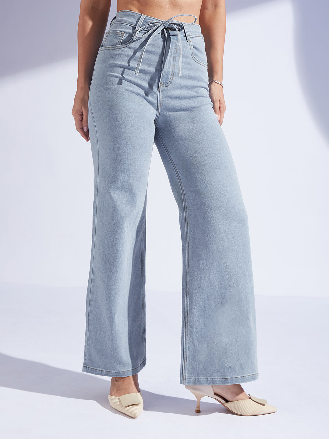 Women's Light Blue High-Rise Wide Leg Stretch Denim Jeans with Tie-Up Waist