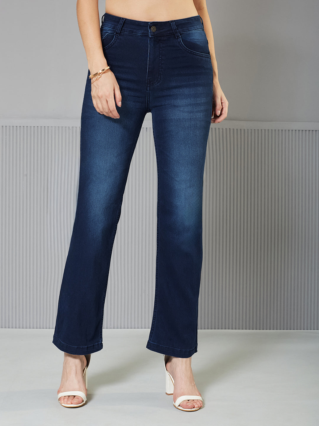 CHASEstretch™ Navy-Blue Wide-Leg Mid-Rise Regular Stretchable Denim Jeans for Women