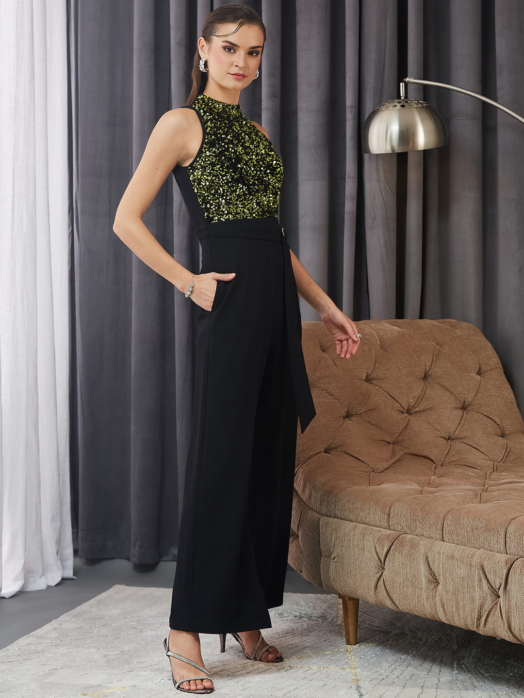 Women's Black And Green Halter Neck Sleeveless Embellished Regular-Length Jumpsuit