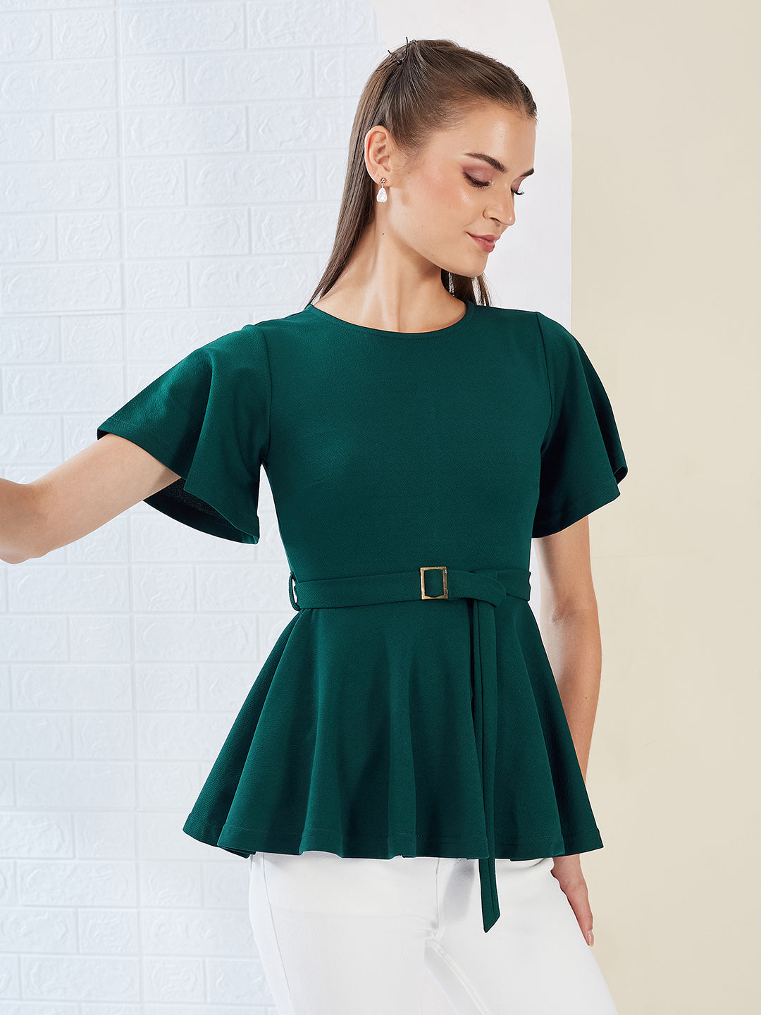 Green Solid Polyester Slim Fit Round Neck Short Sleeve Regular Length Top for Women — Miss Chase