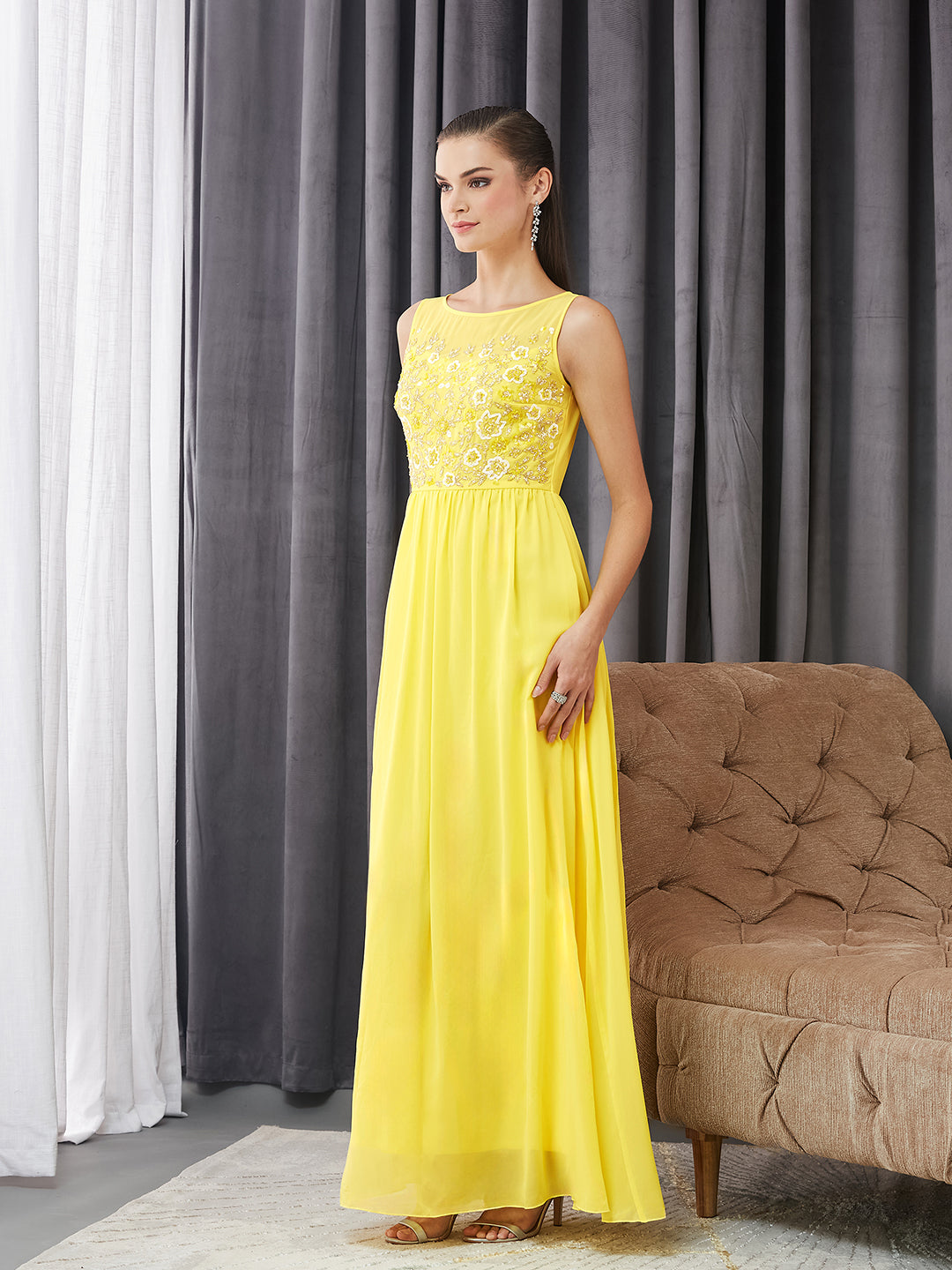 Women's Light Yellow Boat Neck Sleeveless Embroidered Georgette Gathered Maxi Dress