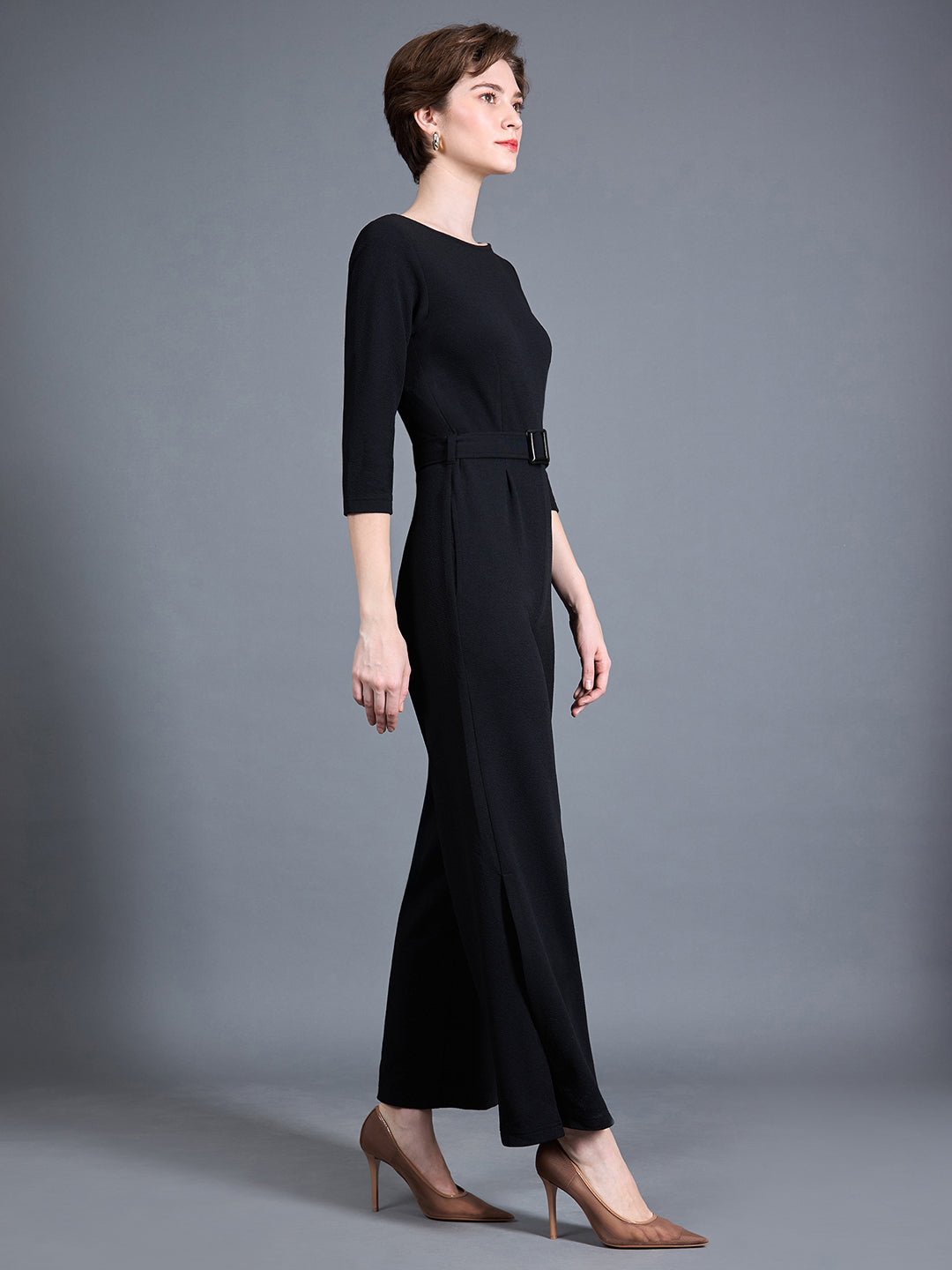 Women's Black Round Neck 3/4 Sleeve Solid Belted Wide-Leg Side Slit Maxi Jumpsuit